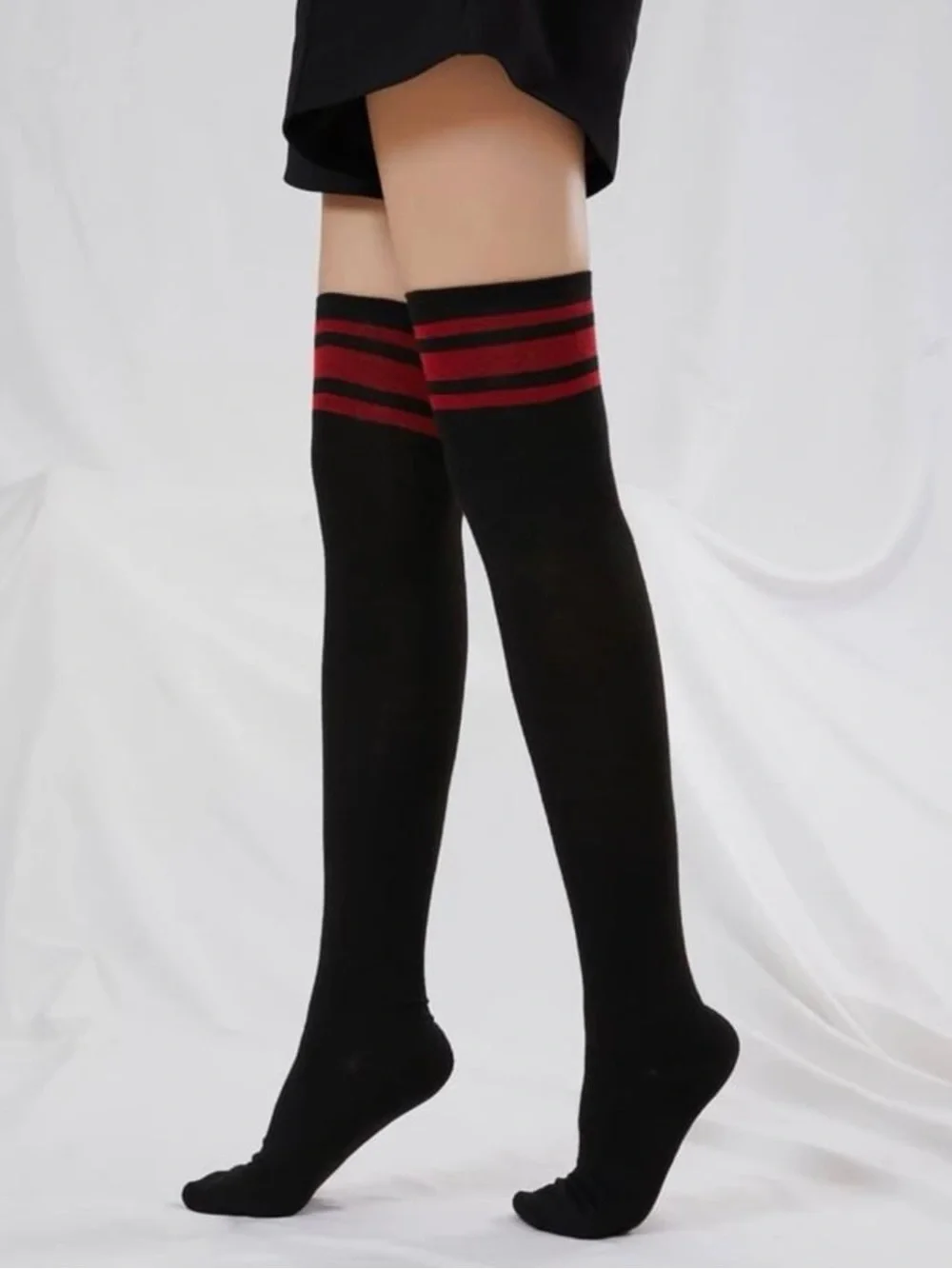 Black Over-the-Knee Socks with Red Stripes